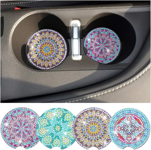 Sinmoe 4 posavasos de auto con diseño de mandala, para bebidas, kit de pintura de diamantes, estilo mandala para adultos, principiantes, suministros