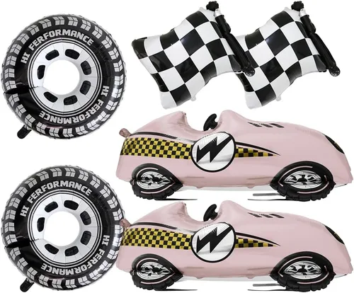 Miniatura 12 de 12 globos de aluminio de automóvil de carreras blanco y negro, globos a cuadros con bandera a cuadros y globos de neumáticos de rueda caliente
