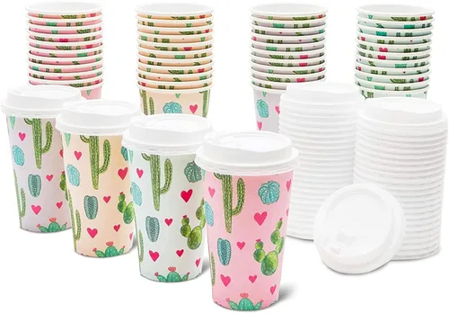 Miniatura 13 de BLUE PANDA Tazas de café de papel, 16 onzas, 48 unidades, 4 colores florales pastel, tazas desechables con tapas para café caliente y frío y té