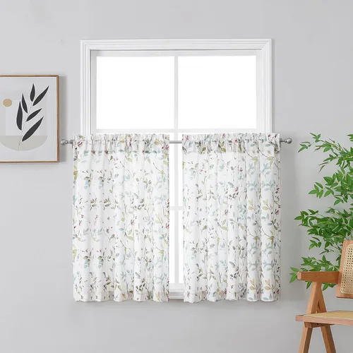 Miniatura 14 de Chyhomenyc Cortinas de mezcla de lino de 63 pulgadas de largo, 2 paneles de cortina con estampado floral filtrante de luz para sala de estar
