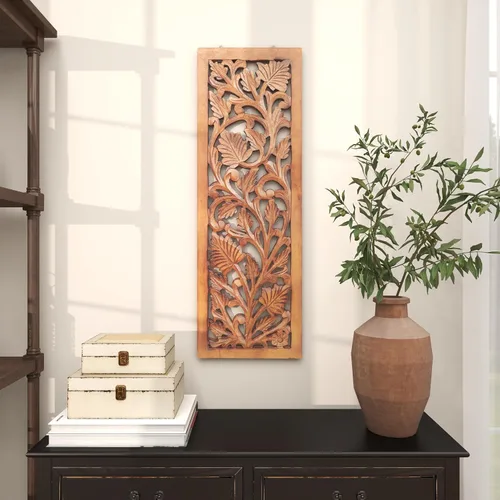 Miniatura 7 de Deco 79 Decoración de pared de madera floral hecha a mano para el hogar, escultura de pared de acanto tallada intrincadamente, arte de pared de 12 x
