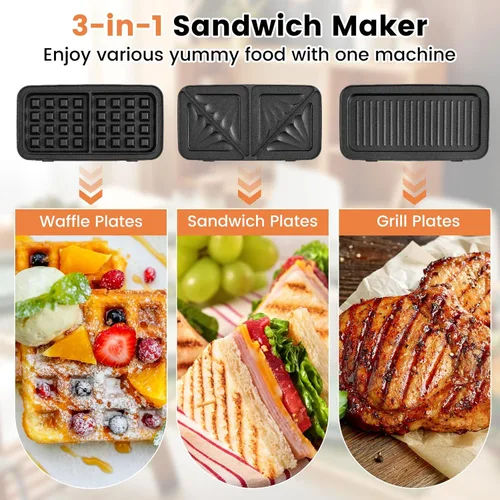 Miniatura 3 de BECOMFORT Máquina de gofres 3 en 1, prensa de sándwich con 3 placas antiadherentes extraíbles, luces indicadoras, mango de tacto frío, sandwich