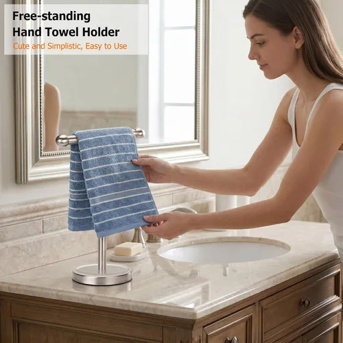 Miniatura 4 de Toallero de mano dorado con base de acero inoxidable pesado, toallero en forma de T, toallero independiente para encimera para baño (oro cepillado)