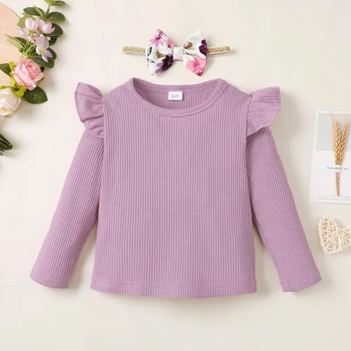 Miniatura 3 de YALLET Conjunto de 3 piezas de ropa de niña pequeña de color liso, manga larga con volantes, pantalones florales + diadema de 1 a 6 años