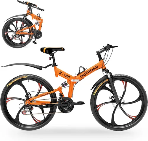 Miniatura 10 de Outroad - Bicicleta de montaña plegable de 26 pulgadas, 21 velocidades, suspensión completa, bicicleta MTB de acero de alto carbono plegable, freno