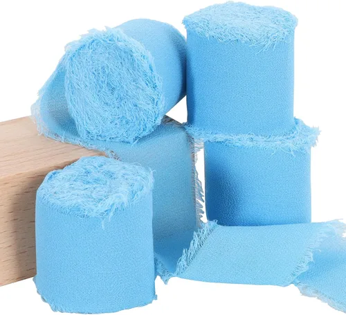 Miniatura 16 de TONIFUL 4 rollos de cinta de seda de gasa azul claro azul claro de 1-1/2 pulgadas, 22 yardas hechas a mano con flecos, juego de cintas de gasa