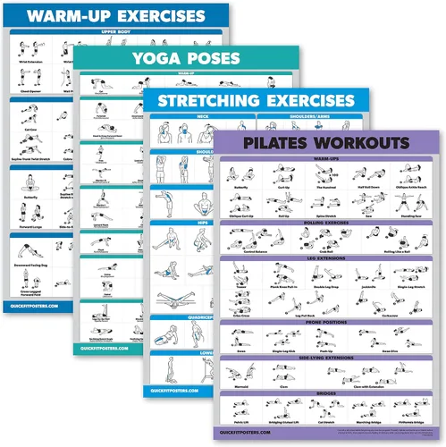 Palace Learning Paquete de 4 – Entrenamientos de calentamiento y yoga + ejercicios de estiramiento y pilates – Juego de 4 gráficos laminados (18 x