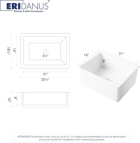 Miniatura 3 de Eridanus - Fregadero de cocina de cerámica rectangular de 24 pulgadas, 23½ x 18½ x 10 pulgadas