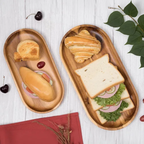 Miniatura 5 de VieWood Bandejas de madera de acacia, juego de 2 bandejas para servir para decoración del hogar, tabla de servir de madera para frutas, cupcakes