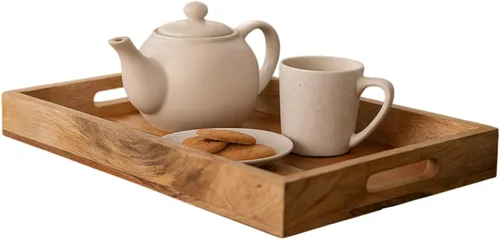 Mela Artisans Bandeja de madera para servir con asas, 15 x 10 x 1.75 pulgadas, bandeja decorativa de madera de mango, bandeja otomana, aperitivos,
