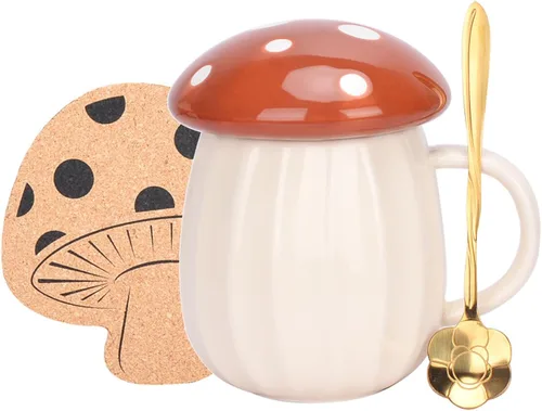 Taza de hongo, bonita taza de café con tapa, cuchara de flores, infusor de té, juego de tazas de té de hongos Kawaii, 8.5 fl oz/8 onzas para leche,
