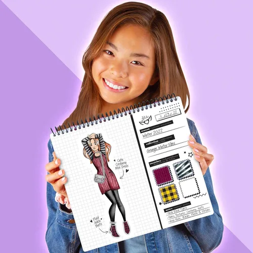 Miniatura 6 de Fashion Angels Portafolio de diseño de pasarela de moda, incluye 35 hojas de bocetos con 4 páginas de plantillas y más de 150 calcomanías, ideal