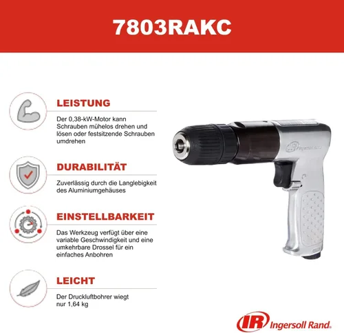 Miniatura 2 de Ingersoll Rand 7803RAKC Taladro neumático de mandril sin llave de 1/2 pulgada, 500 RPM, 0.5 HP, par de 10.6in-lb, pistola