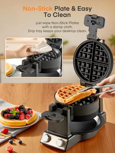 Miniatura 5 de FOHERE Máquina de tortilla y wafflera 2 en 1, máquina para hacer gofres de tortilla de 1400 W, giro de 180°, control de tostado ajustable, sartenes