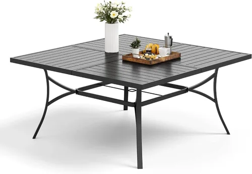 Miniatura 7 de MFSTUDIO Mesa de comedor al aire libre cuadrada de 60" de metal, mesa grande de patio con 8 plazas y agujero ajustable para sombrilla para terraza
