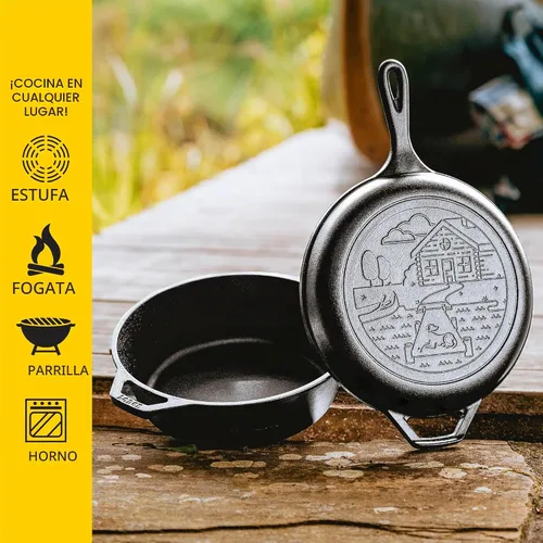 Miniatura 4 de Lodge Wanderlust Cabin - Cocina combinada de hierro fundido, juego de horno holandés y sartén de 2 piezas, tapa convertible para una cocina versátil