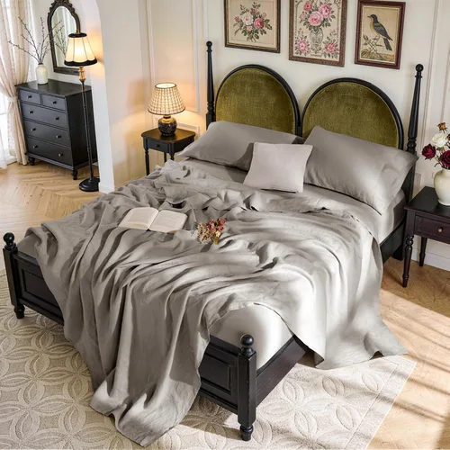 Miniatura 14 de SONORO KATE Sábanas de cama de lino francés 100% puro, tamaño Queen, sábanas de cama de lino transpirables y duraderas, antidesgarro, lavables a