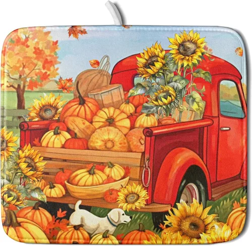 Miniatura 69 de Tapete de Secado de Platos de Florero de Girasoles Otoñales para Encimera de Cocina, Tapete de Secado de Hojas de Arce y Calabaza Otoñal de 16 x 18