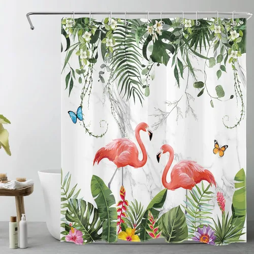 Miniatura 7 de EOBTAIN Cortina de ducha de hojas de plantas tropicales para baño, flamenco rosa y mariposa azul con hojas de palma en beige, cortina de ducha con 8