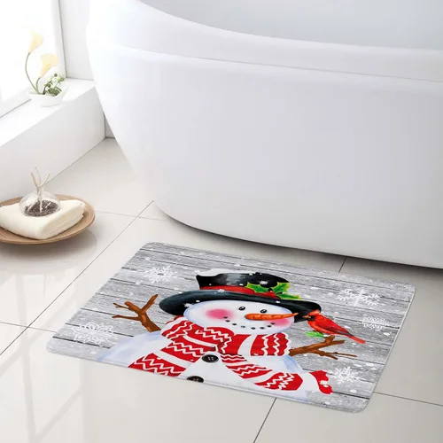 Miniatura 6 de LB Tapete de baño de muñeco de nieve de Navidad para baño, copos de nieve blancos de vacaciones de invierno sobre tablas de madera gris rústicas