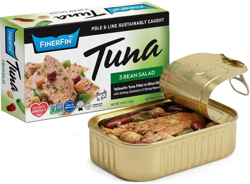 FinerFin - Ensalada de atún de aleta amarilla en aceite de oliva orgánico | Atún gourmet | Atún enlatado con AOVE | Filetes gourmet listos para