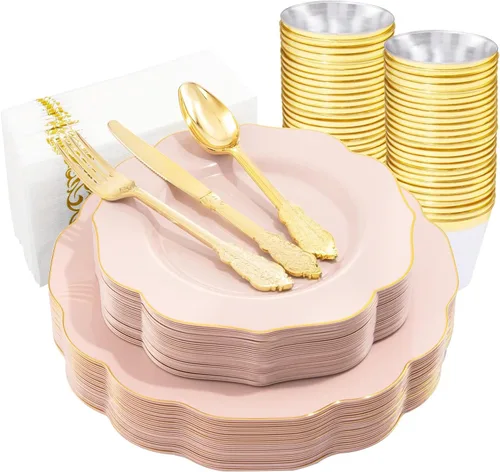 Miniatura 13 de NOCCUR 175 platos de plástico color oro rosa con cubiertos desechables, incluye 25 platos de cena, 25 platos de postre, 25 tenedores, 25 cuchillos