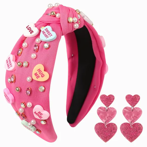 Miniatura 19 de Diademas de corazón de caramelo para el día de San Valentín para mujer, diadema de corazón de conversación de amor con diamantes de imitación