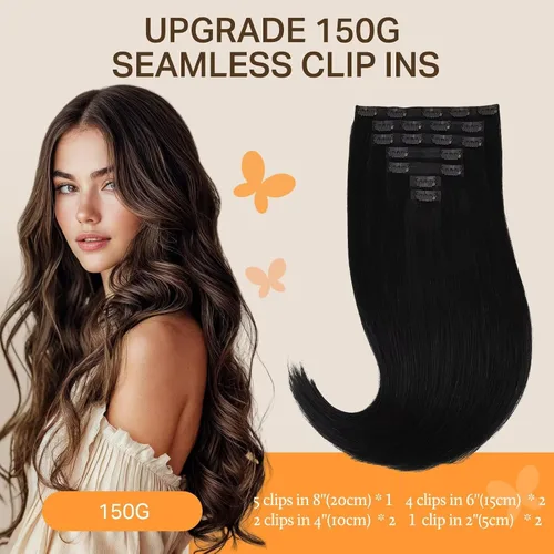 Miniatura 2 de DOORES Extensiones de cabello humano real, color negro azabache, 5.64 oz, 7 unidades, 24 pulgadas, cabello Remy liso natural con clip, trama