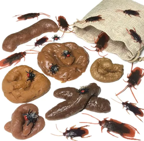 Cooplay 24 piezas de caca de perro falsa realista, cucaracha, moscas de mosca, gusano flotante de Halloween para el día de los inocentes, broma de