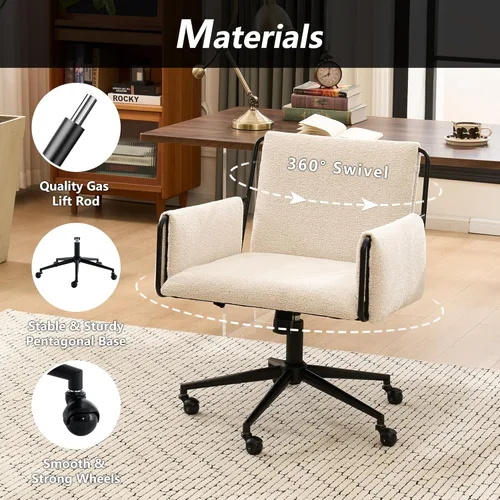 Miniatura 5 de Rowill Silla de oficina moderna, tela beige Boucle, altura ajustable, capacidad de 300 libras, ruedas, reposabrazos, perfecta para oficina en casa