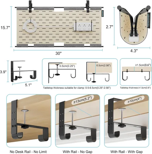 Miniatura 6 de Bandeja de organización de cables sin taladros debajo del escritorio, organizador de cables de fieltro de 30 pulgadas para mesa, gestión de cables