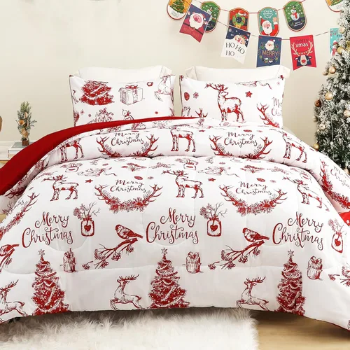 Miniatura 7 de Exclusivo Mezcla - Juego de edredón de Navidad tamaño individual, 2 piezas reversibles, ropa de cama de invierno con patrón de corona de renos