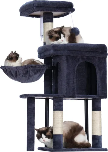 Miniatura 11 de Hey-brother Árbol para gatos, postes rascadores para gatos con cama, torre resistente con columnas totalmente envueltas en sisal y bola de juguete