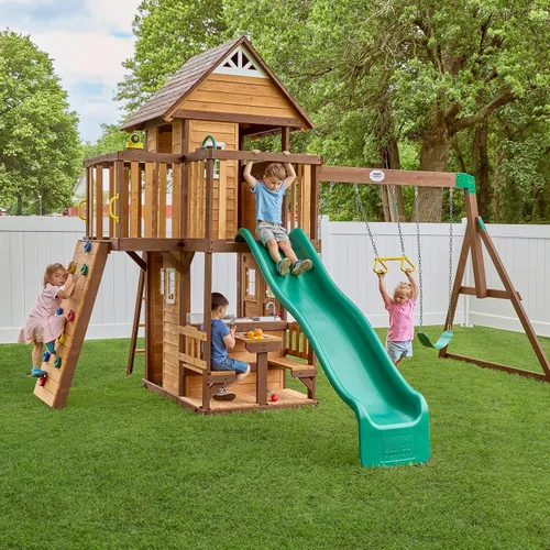 Miniatura 12 de Conjunto de columpios Backyard Discovery Canyon Creek de madera de cedro con tobogán de ola, casa de juegos, cocina de juego, área de picnic