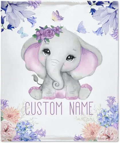 Miniatura 22 de Manta personalizada de elefante azul floral con nombre para niñas, manta con nombre personalizado para niños pequeños, regalos personalizados