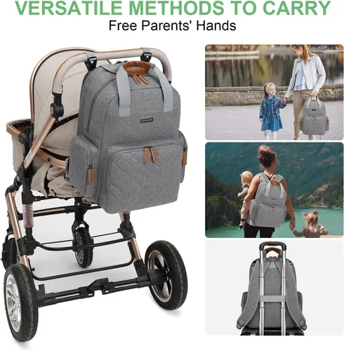 Miniatura 6 de Mochila para pañales con cambiador, organizador de bolsas de pañales para mamás, papás, bolsas cambiadoras grandes para bebés Gris