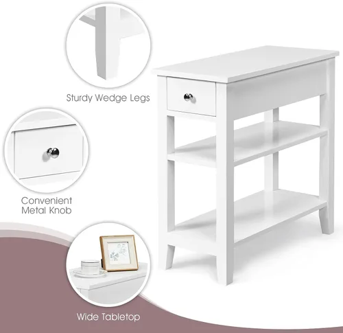 Miniatura 4 de KOTEK Mesa auxiliar con cajón y estante de almacenamiento abierto, mesa auxiliar estrecha, mesita de noche delgada, mesita de noche de 3 niveles