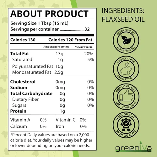 Miniatura 8 de GreenIVe Aceite de semilla de lino cultivado orgánicamente100% puro, prensado en frío, ácidos grasos omega veganos altos (16 onzas líquidas)