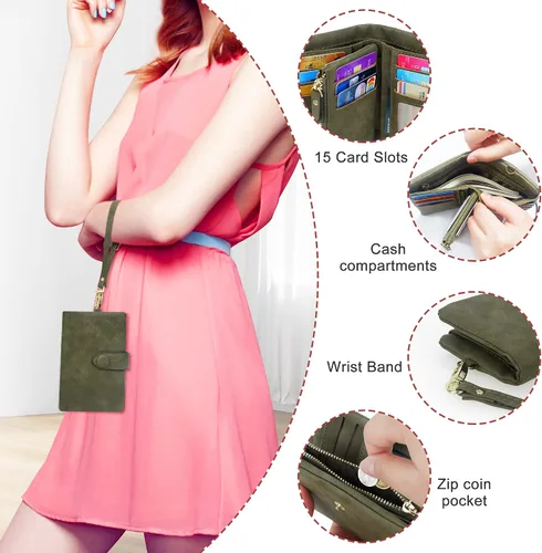 Miniatura 2 de Billeteras con bloqueo RFID para mujer, de gran capacidad, de cuero suave, cartera pequeña con correa para la muñeca, Verde oliva, Casual