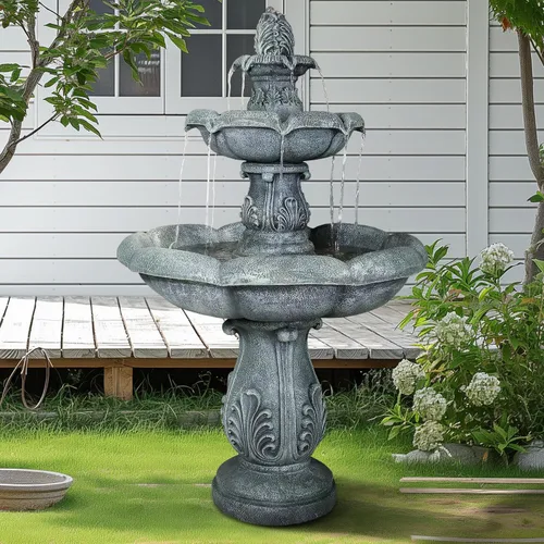 Miniatura 10 de Fuente de agua de piso al aire libre de 48" de alto, fuente de agua de hormigón de 3 niveles con bomba eléctrica sumergible - Cascada en cascada