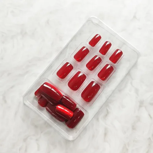 Miniatura 3 de Uñas postizas a presión de Navidad, color rojo vino, uñas postizas cuadradas medianas con diseño degradado, cobertura completa, acrílico brillante