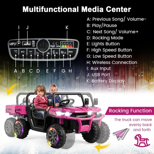 Miniatura 3 de Costzon Camión volquete con control remoto, UTV eléctrico de 12 V para niños con cama volquete eléctrica, función de balanceo, pala, 4 suspensiones