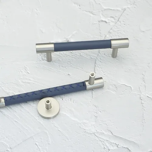 Miniatura 4 de Tirador de cuero azul de 3.78 pulgadas para armario, pomos de acero cepillado, accesorios modernos para muebles