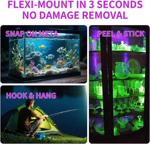 Miniatura 6 de Paquete de 2 luces negras alimentadas por batería para fiesta brillante, luces UV inalámbricas para Halloween, tira de luz UV portátil