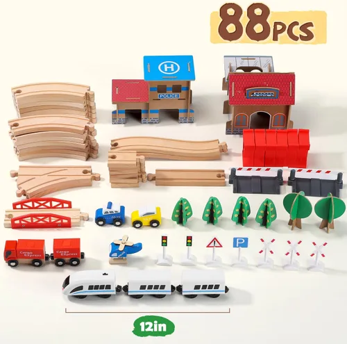 Miniatura 7 de Juego de tren eléctrico de madera para niños pequeños, 88 piezas de juguetes de vías de tren para 3, 4, 5 años, gran regalo de Navidad para niños
