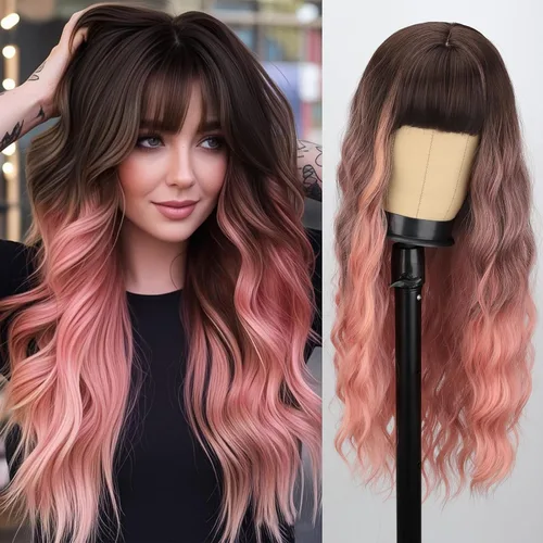 Miniatura 19 de Peluca larga de color rubio ceniza con flequillo, pelucas onduladas y rizadas gris rubio de aspecto natural, peluca de fibra sintética resistente al