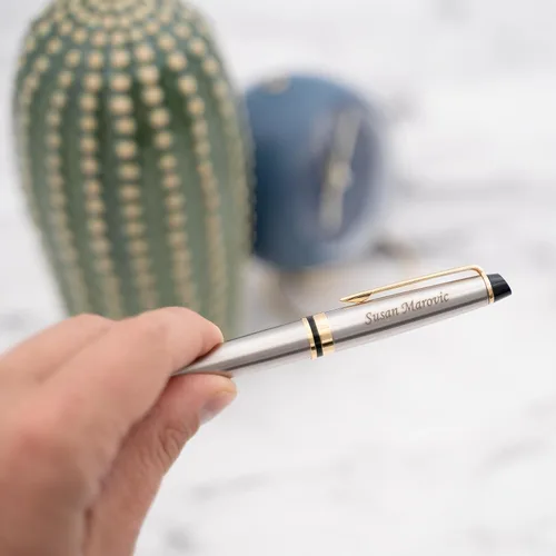 Miniatura 2 de Waterman Bolígrafo Expert, acero inoxidable cepillado con borde dorado, grabado láser personalizado, tinta negra, caja de regalo oficial de WATERMAN