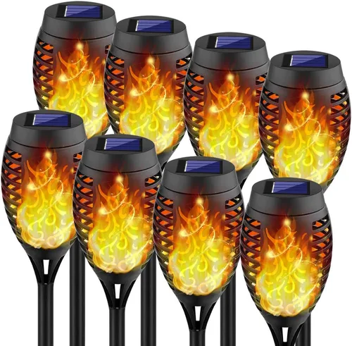Kurifier Luces solares para exteriores, paquete de 8 antorchas solares con llama parpadeante, luz solar impermeable para jardín, luces solares al
