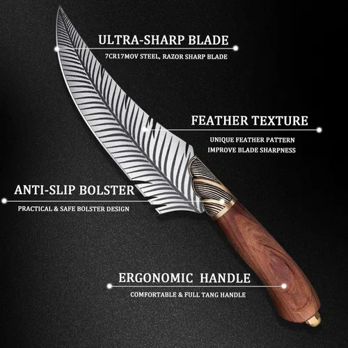 Miniatura 5 de Dream Reach Cuchillo de deshuesar vikingo de plumas, cuchillo vikingo profesional de 6 pulgadas, cuchillo de carne de espiga completa con caja
