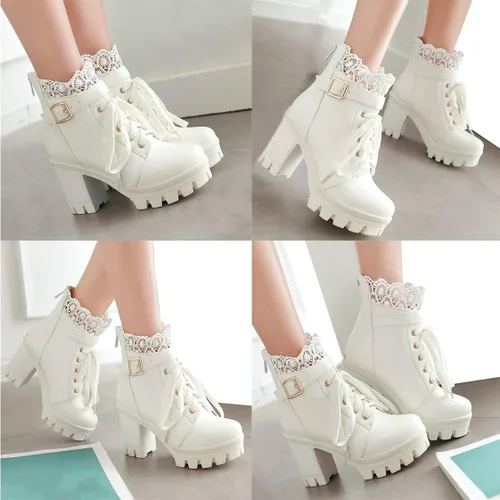 Miniatura 6 de BEAUPAS Botas de tacón alto con plataforma gruesa para mujer, botines góticos con cordones, tacón de bloque y hebilla, Blanco